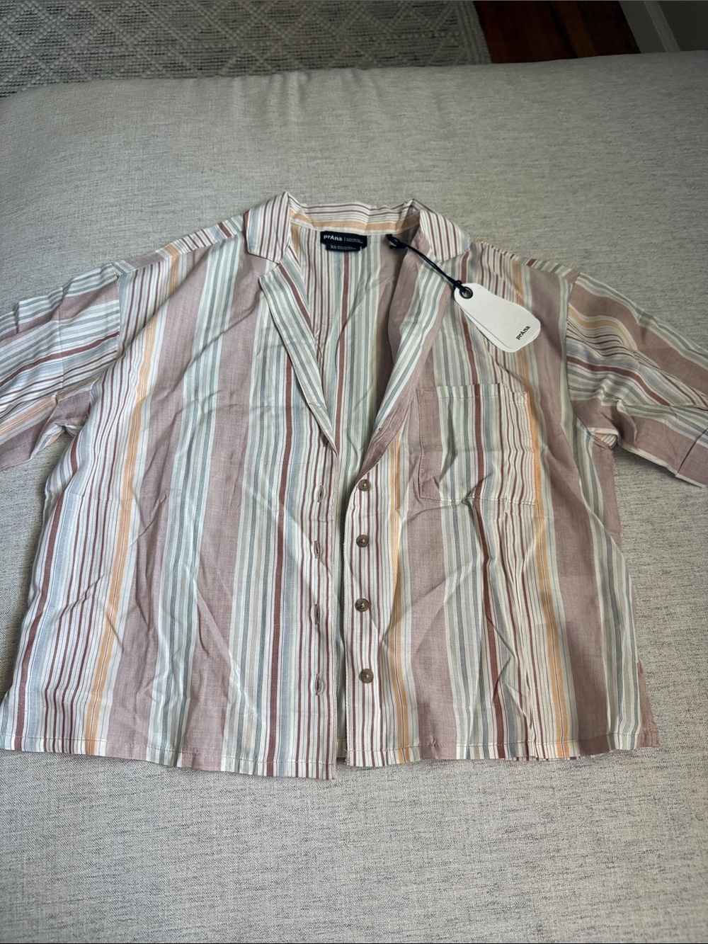 Prana Striped Linen-Blend Button Shirt in Rose, Cream and Taupe